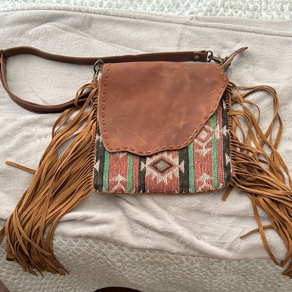 Myra Bag Rustic Fringe Crossbody - Brown and Green
